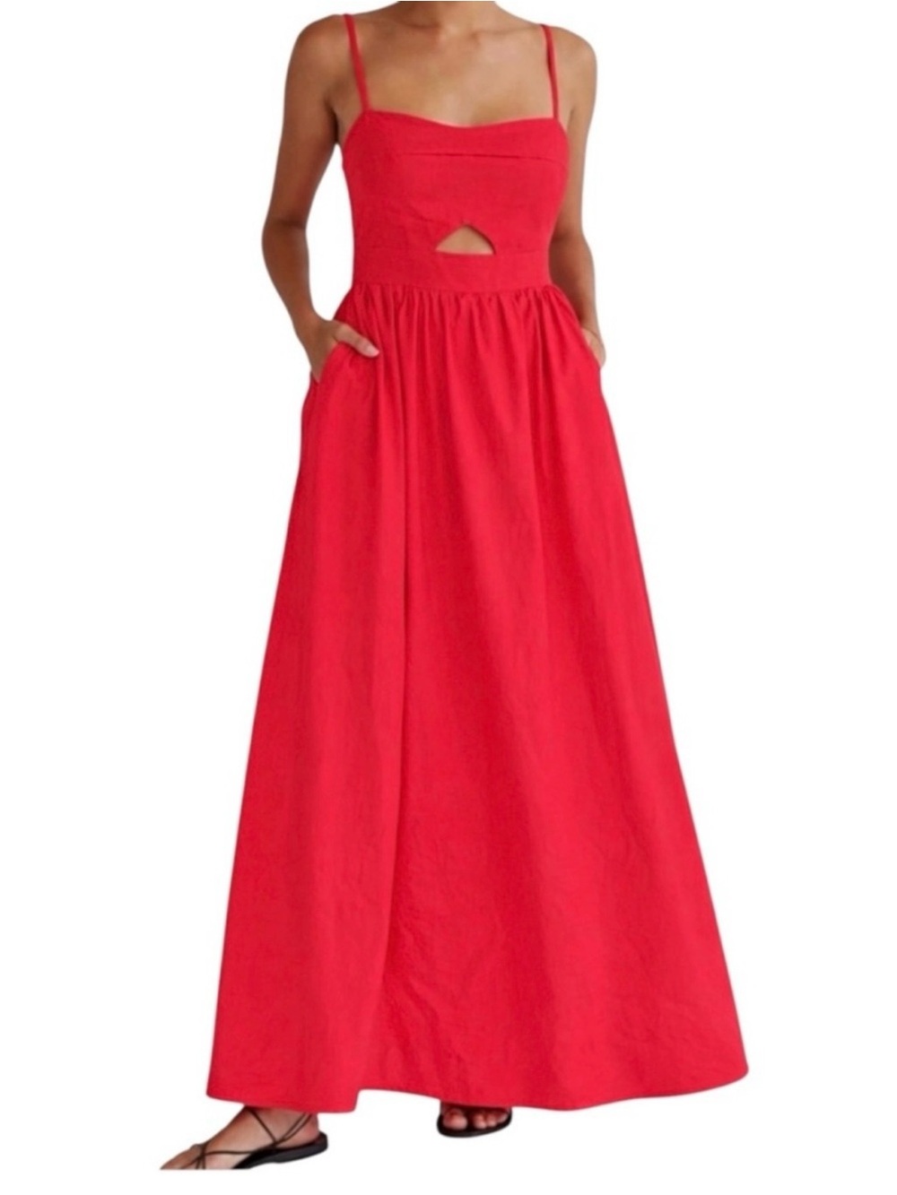 Commense Poppy Red Cotton Maxi Dress Medium NWT Smocked Pockets
